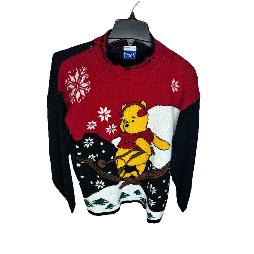 Vintage Winnie the Pooh Sweater Women's LG? Multicolor Ski Cute Pullover Cartoon